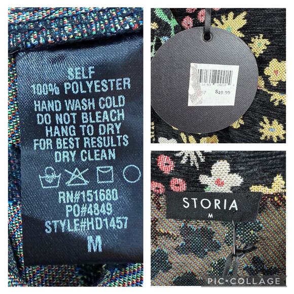 Storia New Black Floral Tapestry Mini Dress Medium Full Snap Dark Floral Retro - Picture 10 of 13